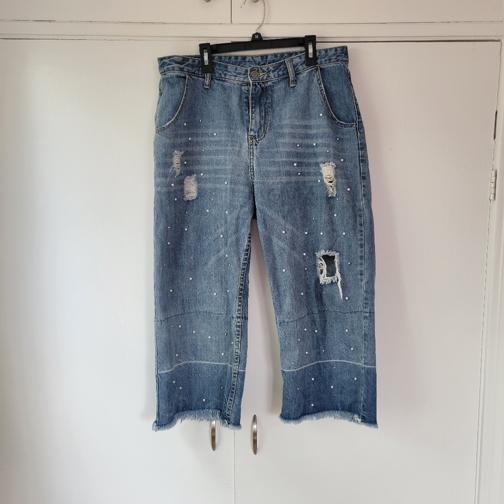 Distressed Straight-Leg Rhinestone Denim Jeans - Light Blue